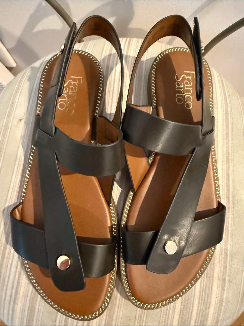 NEW Franco Sarto Black Leather T-Strap Slingback Sandals with Gold Accents